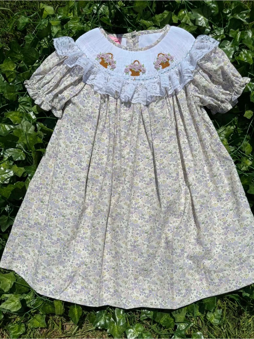 Lilac Bouquet Basket Hand Smocked Dress